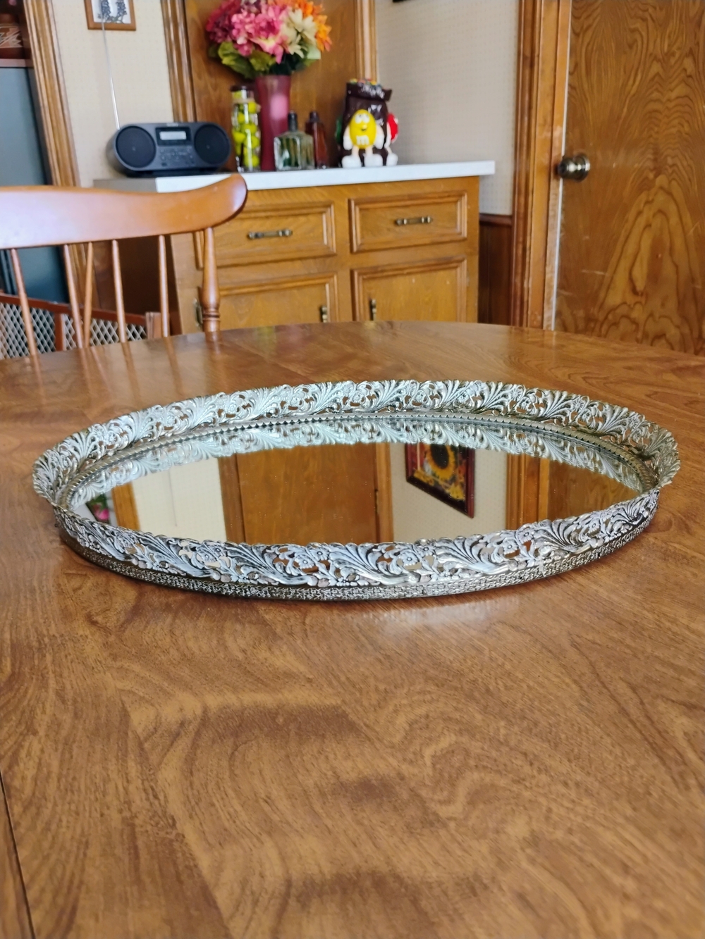 Vintage Ornate Filigree Glass Mirror Lined Vanity Tray With Brass Edging